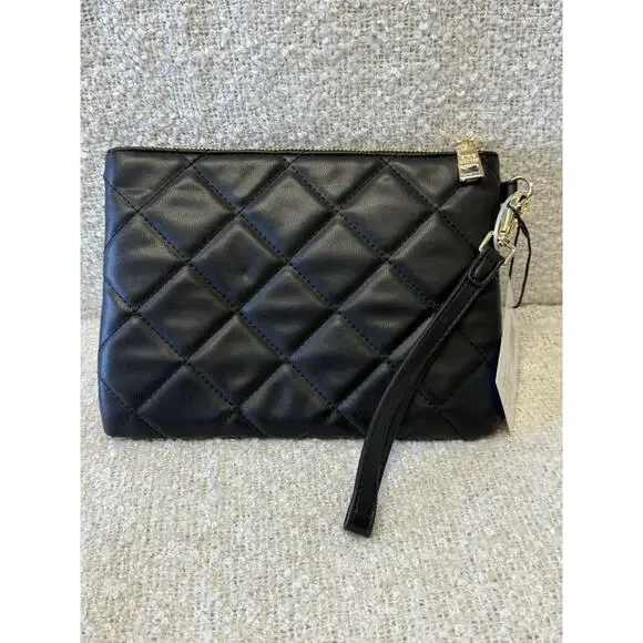 STEVE MADDEN DIAMOND QUILT POUCH BLACK FAUX LEATHER W GOLD TRIM-10in-7in-NWT - Picture 5 of 8